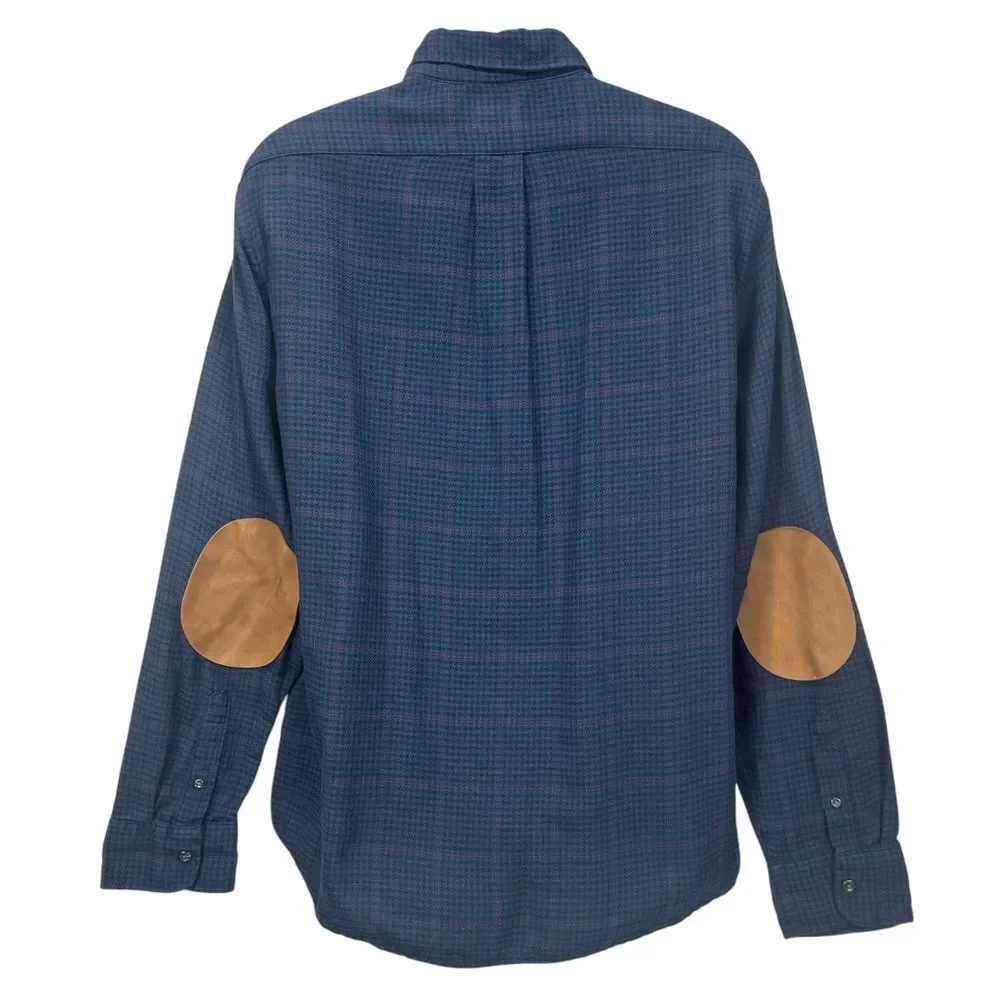 J.Crew‎ Men's XL Slim Blue Houndstooth Check Flannel L/S Shirt w/ Elbow Patch
